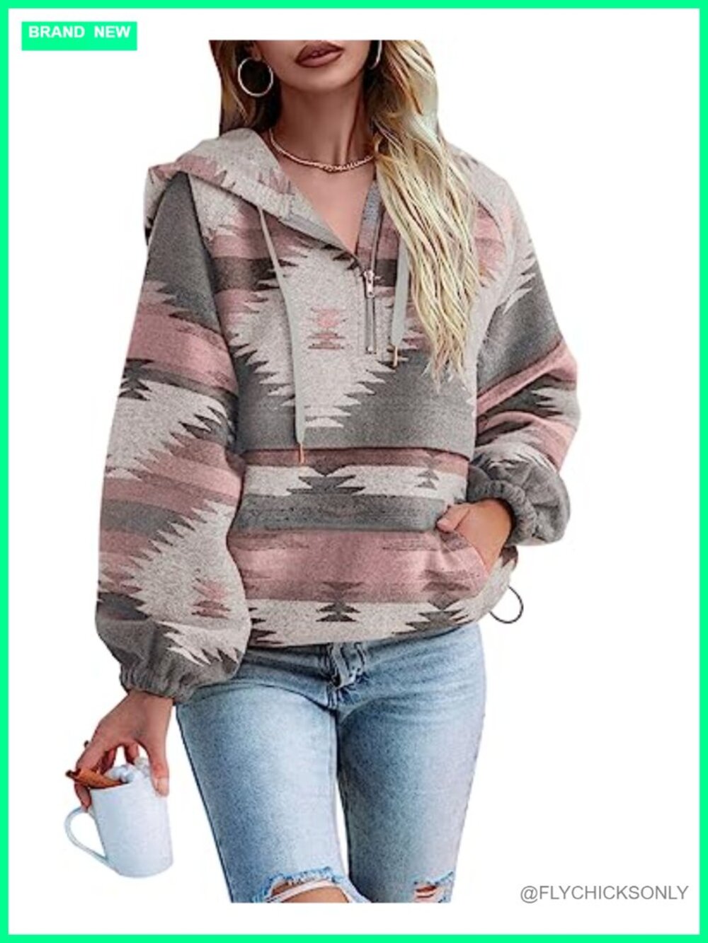 Fessceruna Womens Aztec Zip Up Hoodie Sweatshirt Boho Western Pullover Top